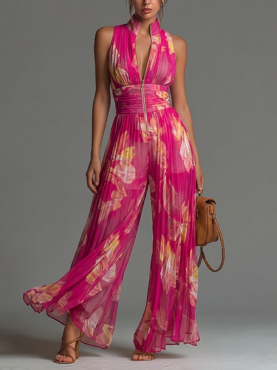 Fuchsia Floral Pleated Wide-Leg Chiffon Jumpsuit