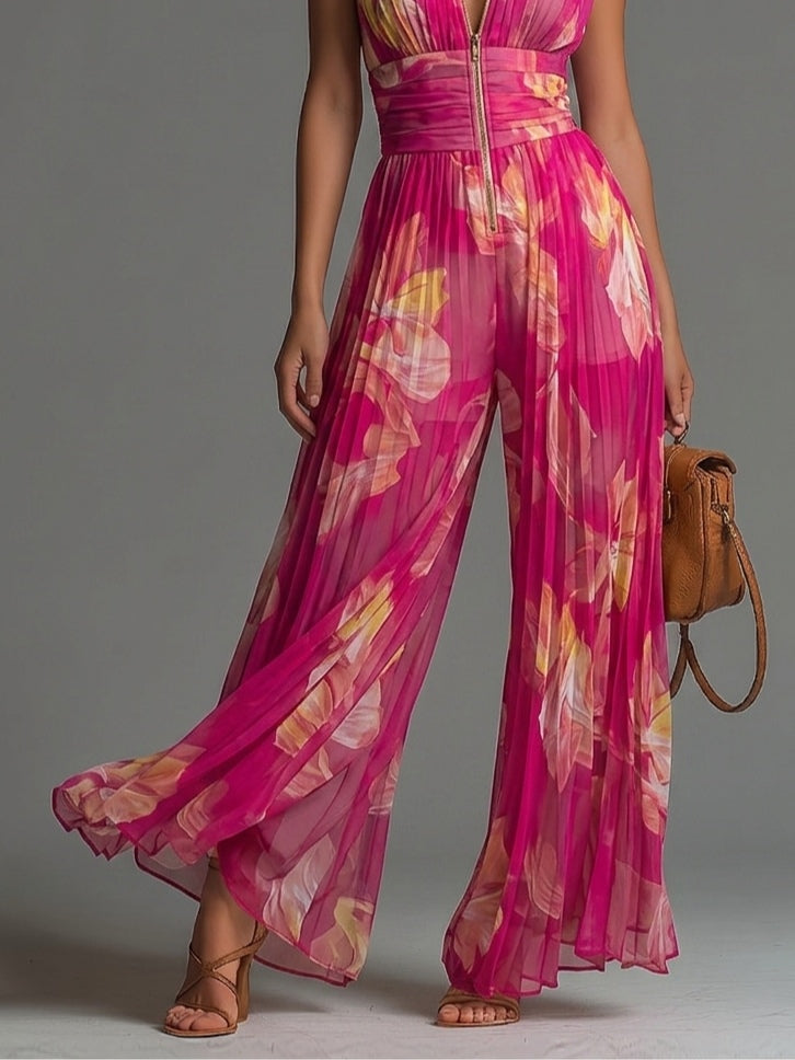 Fuchsia Floral Pleated Wide-Leg Chiffon Jumpsuit