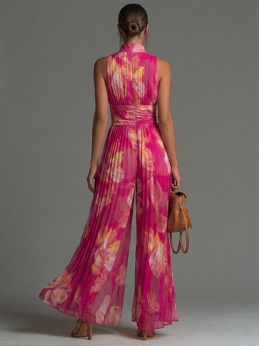Fuchsia Floral Pleated Wide-Leg Chiffon Jumpsuit
