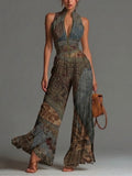 Boho Ethnic Print Pleated Wide-Leg Chiffon Jumpsuit
