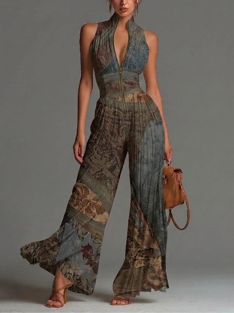 Boho Ethnic Print Pleated Wide-Leg Chiffon Jumpsuit