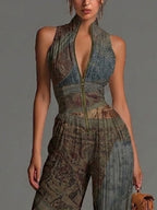 Boho Ethnic Print Pleated Wide-Leg Chiffon Jumpsuit