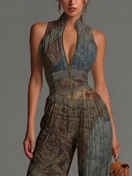 Boho Ethnic Print Pleated Wide-Leg Chiffon Jumpsuit