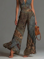 Boho Ethnic Print Pleated Wide-Leg Chiffon Jumpsuit