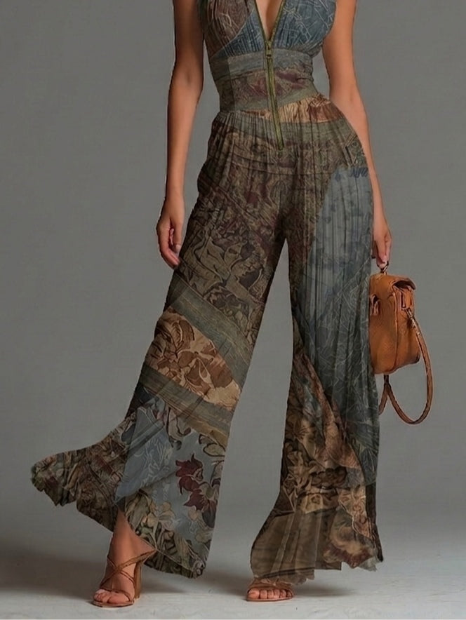 Boho Ethnic Print Pleated Wide-Leg Chiffon Jumpsuit