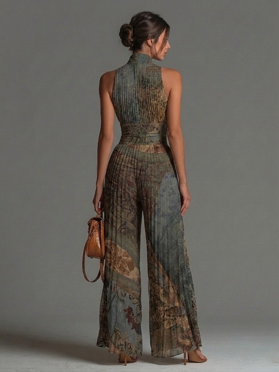 Boho Ethnic Print Pleated Wide-Leg Chiffon Jumpsuit