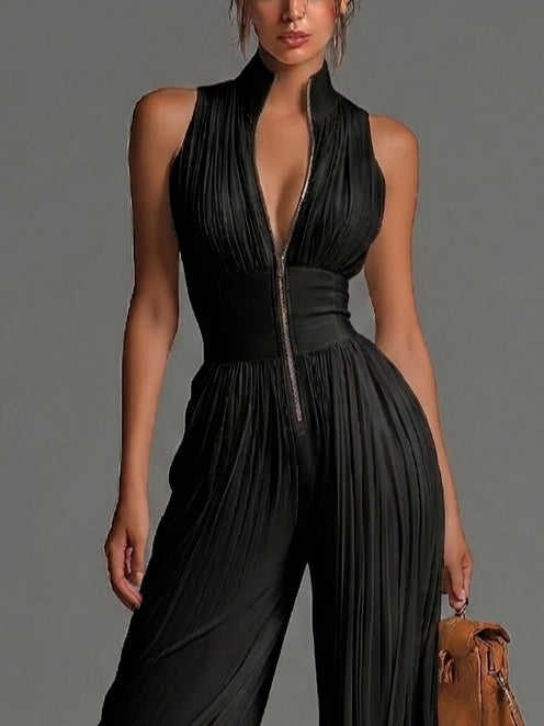 Black V-Neck Pleated Wide-Leg Chiffon Jumpsuit