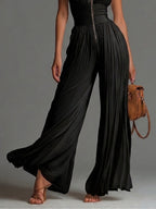 Black V-Neck Pleated Wide-Leg Chiffon Jumpsuit