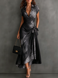 Grey Black Abstract Print Wrap Midi Dress Collared V Neck Short Sleeve Tie Waist Ruffled High‑Low Hem Dress.