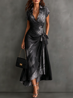 Grey Black Abstract Print Wrap Midi Dress Collared V Neck Short Sleeve Tie Waist Ruffled High‑Low Hem Dress.