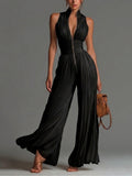 Black V-Neck Pleated Wide-Leg Chiffon Jumpsuit