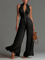 Black V-Neck Pleated Wide-Leg Chiffon Jumpsuit