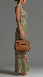 Sage Floral V-Neck Pleated Wide-Leg Chiffon Jumpsuit