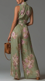 Sage Floral V-Neck Pleated Wide-Leg Chiffon Jumpsuit