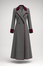 Elegant Herringbone Wool Long Coat with Velvet Trim