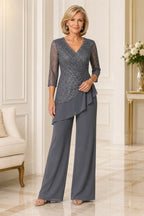 Beaded Lace Chiffon Pant Suit with Sheer Sleeves
